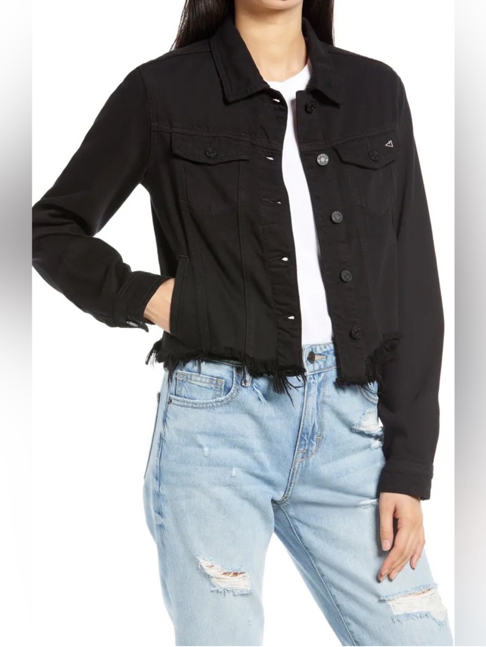Hidden Jeans Black Cropped Frayed-Hem Denim Jacket - Women's